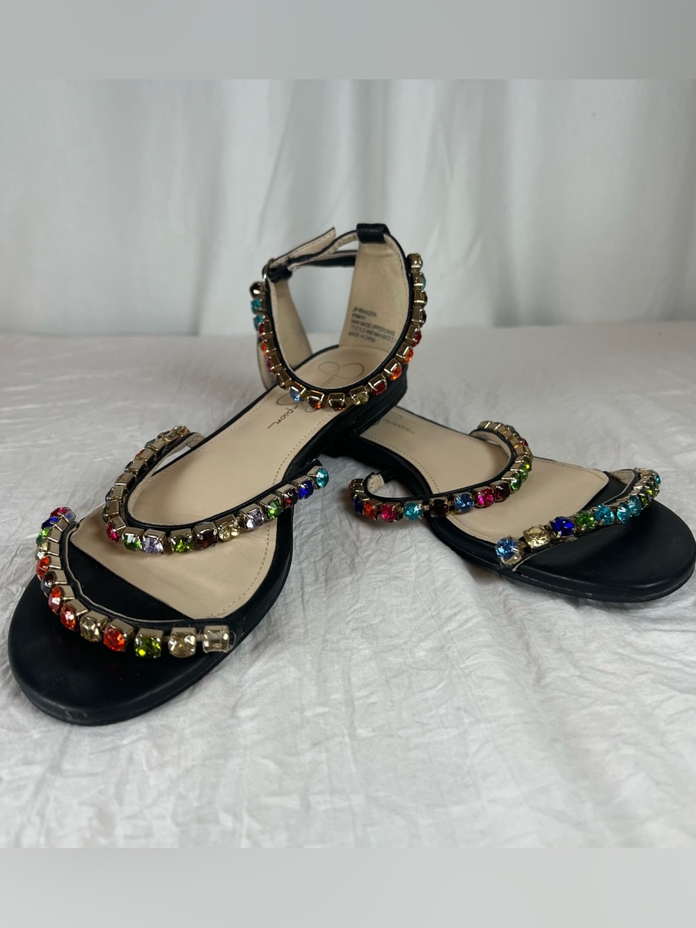 Jessica Simpson Black Women's sz9.5 Multi Colored Jeweled Ankle Strap Sandals
